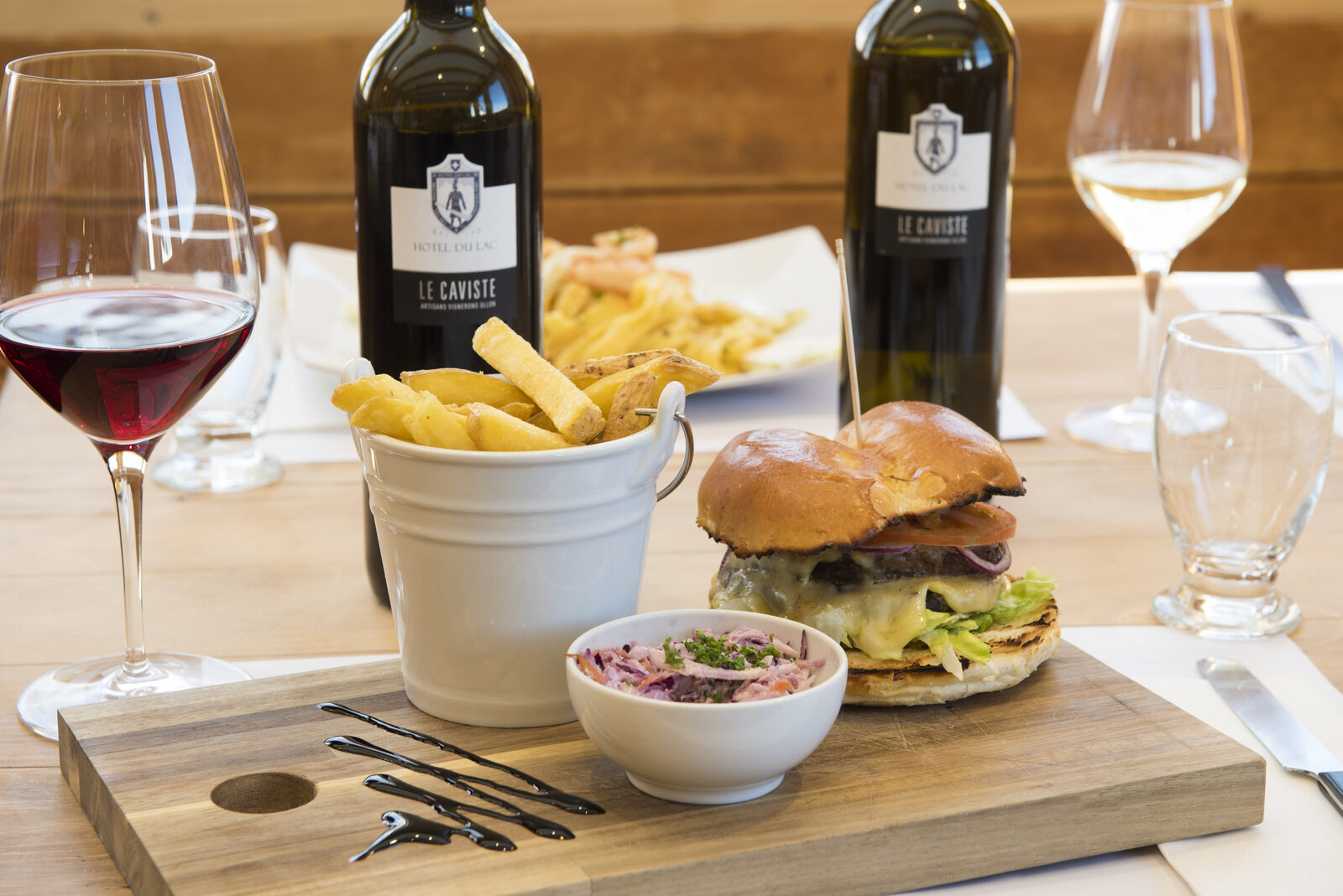 Burger and wine at Hotel du Lac